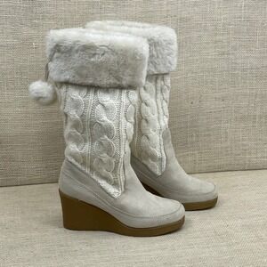 American Eagle White Cable Knit Faux Fur Wedge Boots Women Size 9